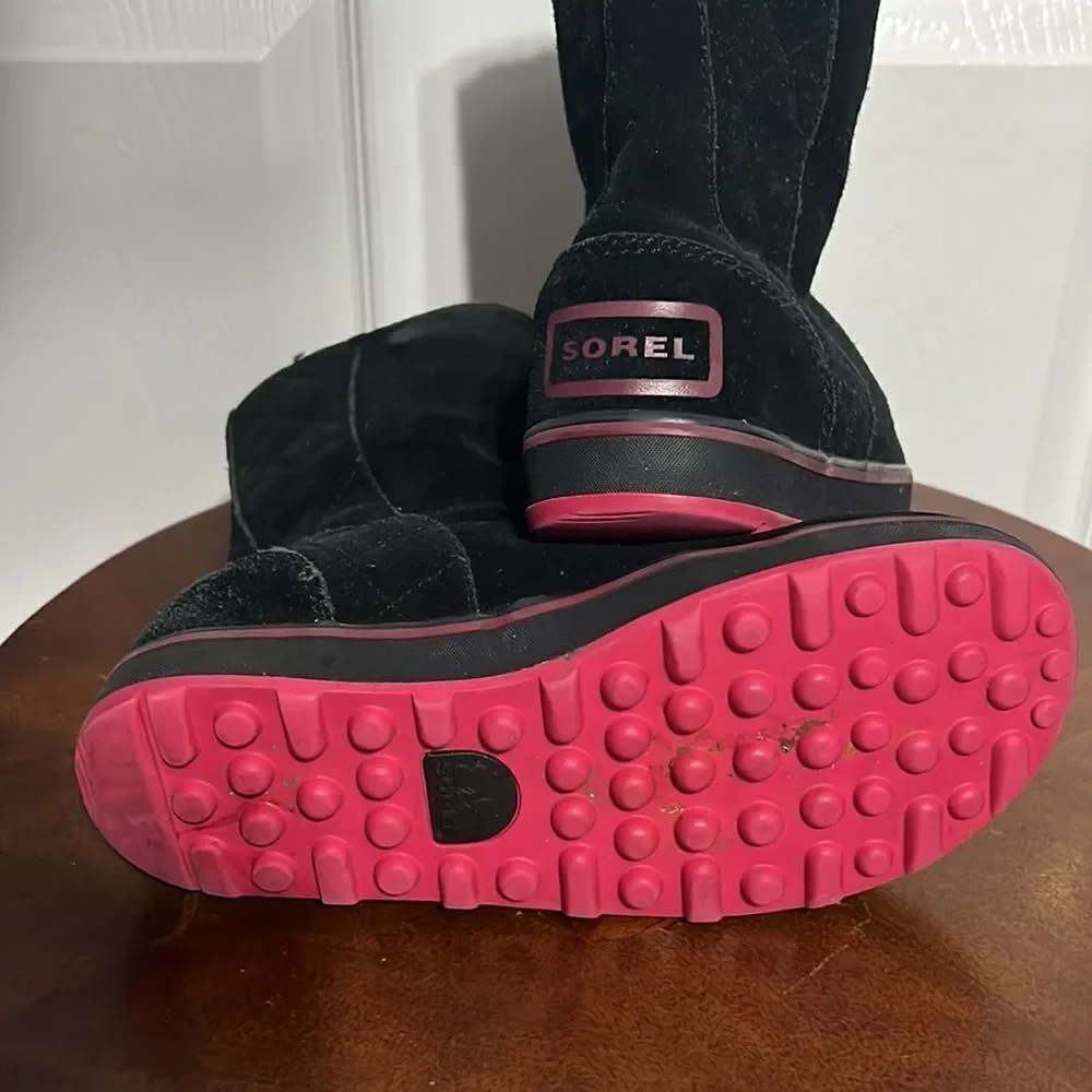 🔥🔥 SOREL Glacy Black & Pink SherpaLined Waterproof Suede Boots - Women Sz 5‎